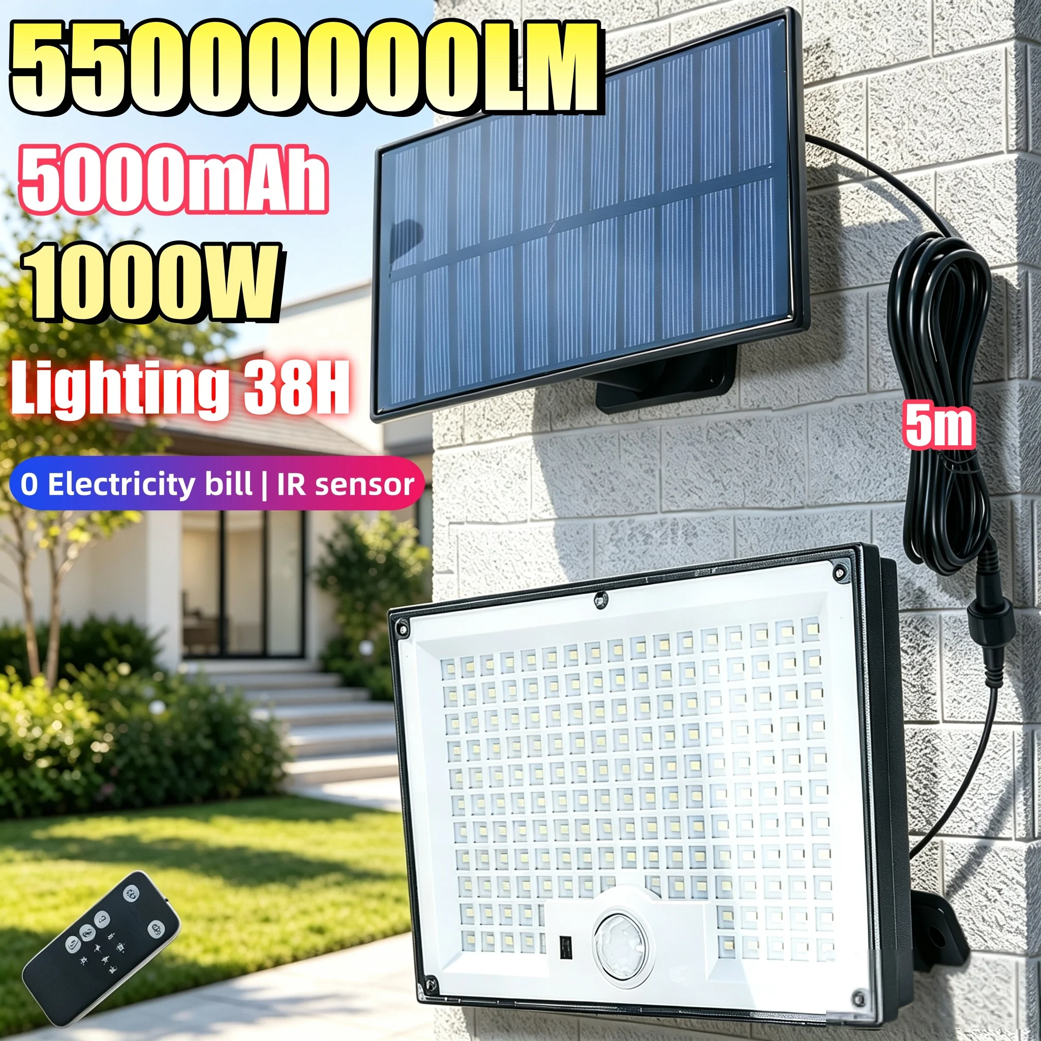 55000000LM 1000W Outdoor Solar Lights 3 Modes IR Sensor Solar Lamp Waterproof Solar Powered Security Spot Lights for Porch