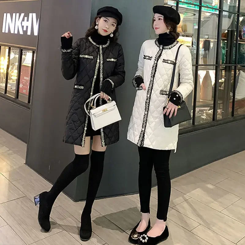 

Down Cotton Padded Jacket Women's Winter European Station New Korean Woven Diamond Lattice Light Thin Mid-Length Parkas Female