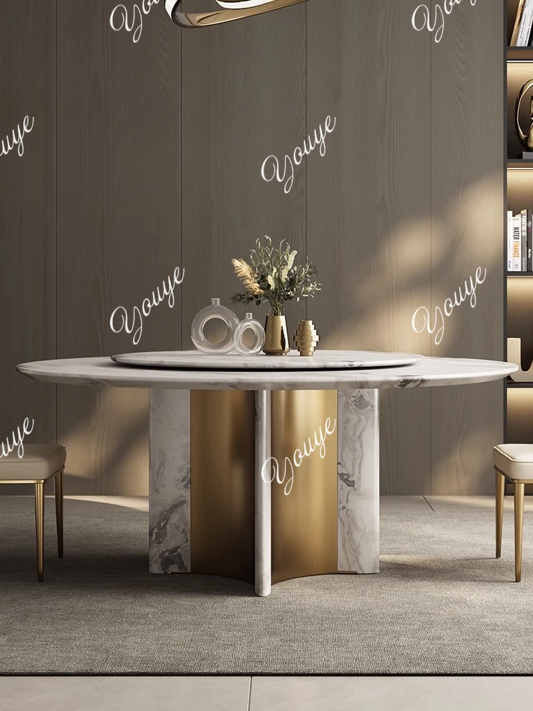 

High-end natural marble light luxury high-end round dining table and chair combination living room home new model