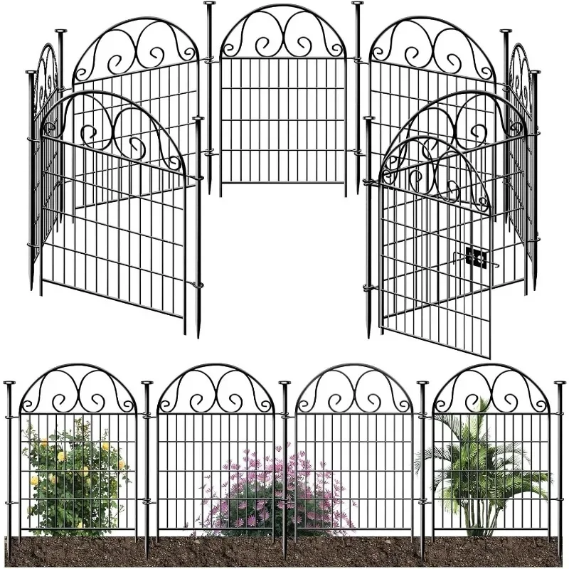 

Tall Garden Animal Barrier Fence With Gate, 40 in(H)×27 in(L) 8 Panels Dog Digging Fence Barrier, Black Heavy Duty Metal