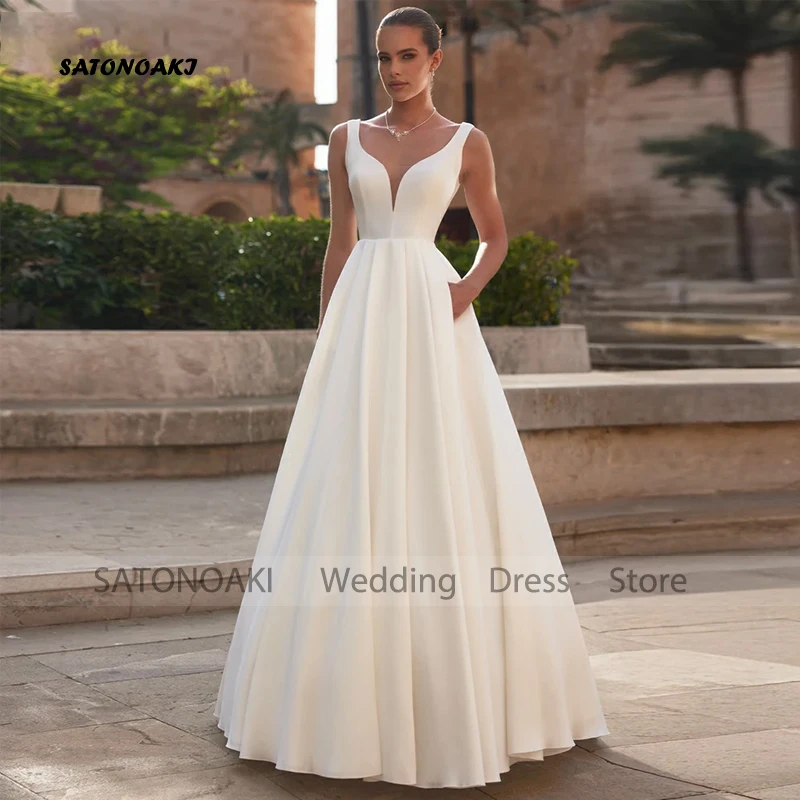 

Customized Simple Satin V-neck Wedding Dress for Bride Backless A-line Princess Bridal Gown with Pockets Robe Vestidos De Novia