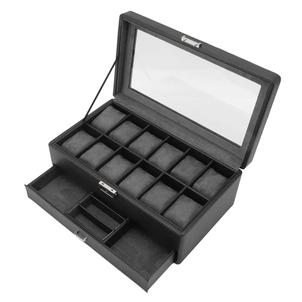 Multipurpose Black Watch Box Organizer PU Leather 33.5*19.5*12.5cm Watch Storage Box Watch Case Daily Use