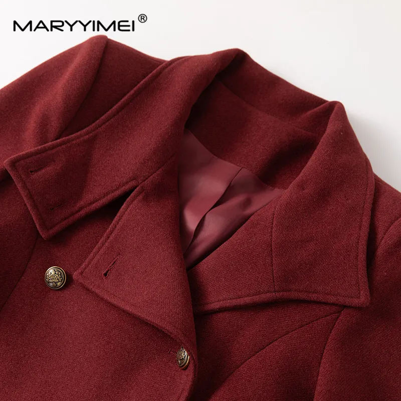 MARYYIMEI Dames Nieuwe Stijl Jas Coltrui Lange Mouwen Lace-Up Slanke Wijnrood Herfst en Winter Lange Overjas