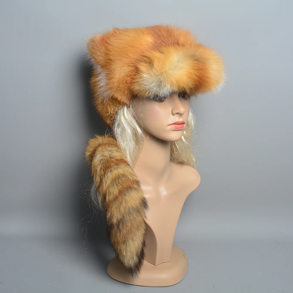 Natural Fox Fur Russian Hat Ushanka Women Winter Warm Fluffy Popular Style Female Tail Cap Fashion Real Fur Hats