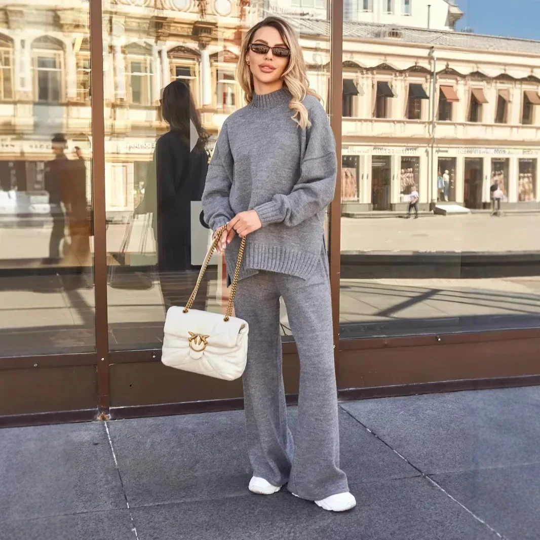 

Autumn Winter Knitted Pant Sets for Women Matching Sets Elegant Loose Warm Solid Turtleneck Sweater and Long Pant Outfits 2025