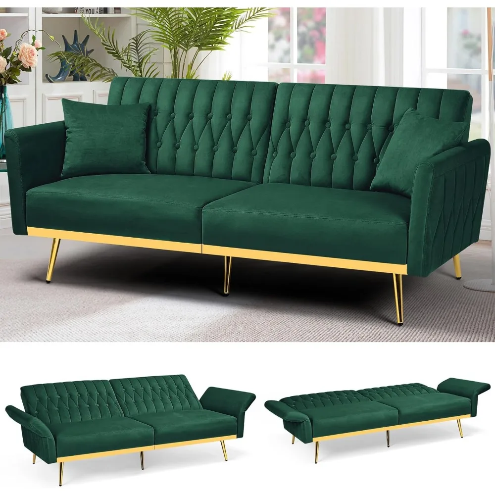 70inch Velvet Futon Sofa Bed W/Adjustable,Convertible Futon Couch with 2 Pillows,Tufted Sleeper Bed for Living Room