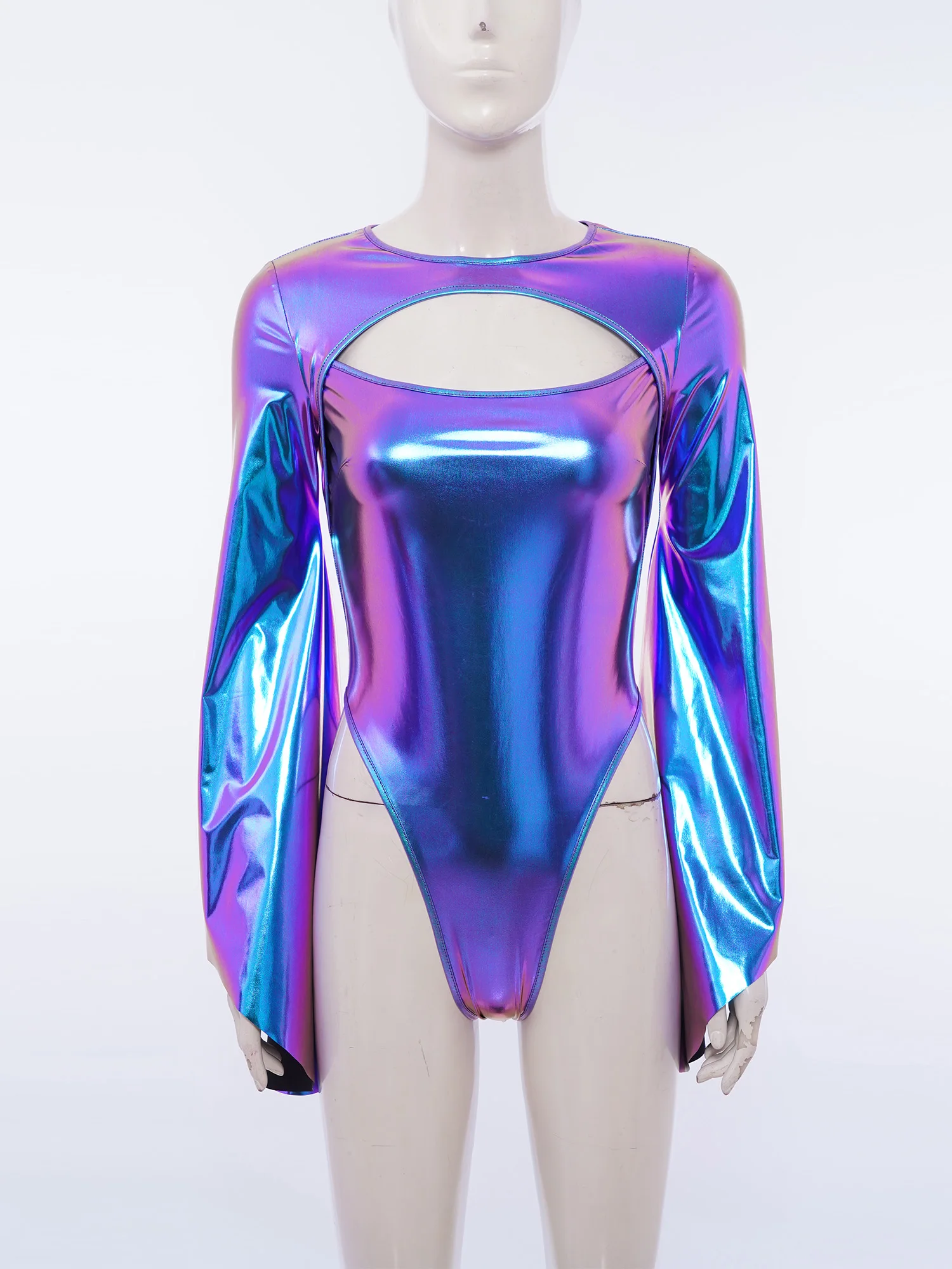 Women Flared Sleeves Metallic Jumpsuits Clubwear Raves Party Leotard Shiny Zipper Cutout Front Bodysuit for Halloween Carnival