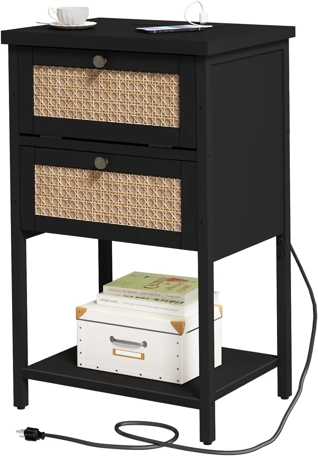 

End Table with Charging Station, 2 Tier Rattan Decorated Nightstand with USB Ports and Outlets, Bedside Table with Drawer, Black