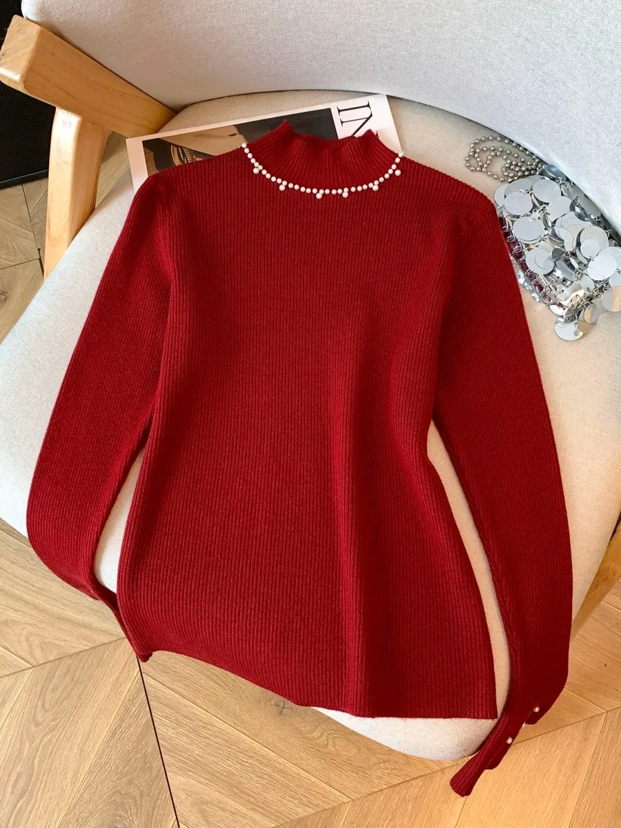 여성 니트 베이스 하이 칼라 퍼 이너웨어 미디 스웨터 독특하고 아름다운 플레어드 스웨트 탑 출퇴근룩 슬레 코리...