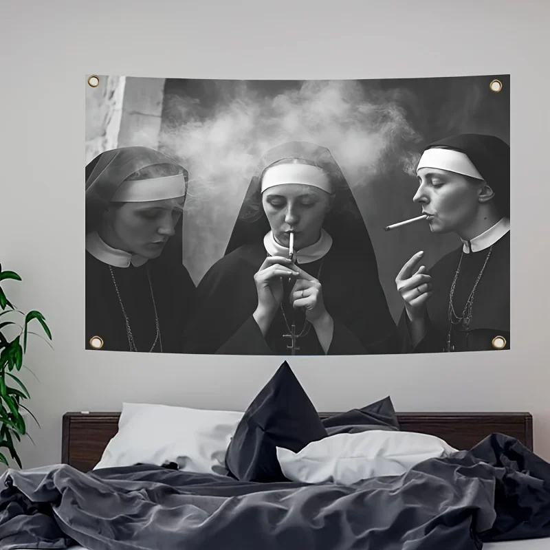 Retro B&W Nun Smoking Flag – 3x5 ft Polyester Art for Home Decor, Dorm, Bedroom, Living Room