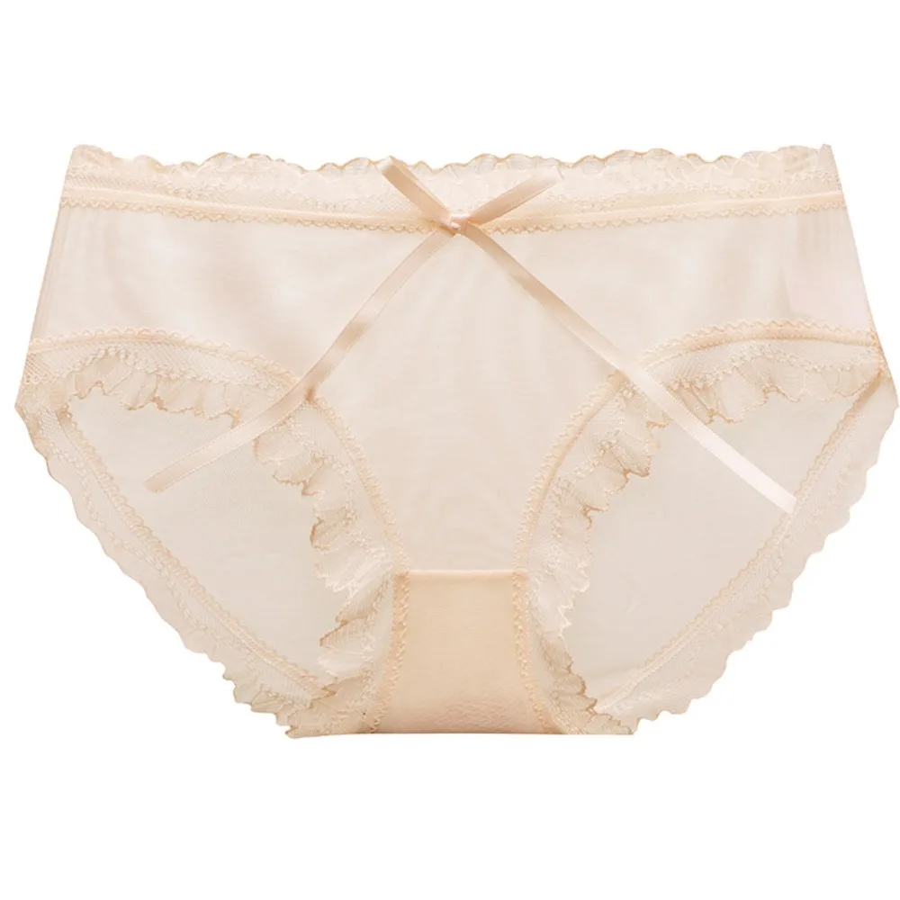 Sweet Low Waist Lace Panties Bow Ice Silk Underwear for Women Cotton Crotch Mesh Briefs Lady