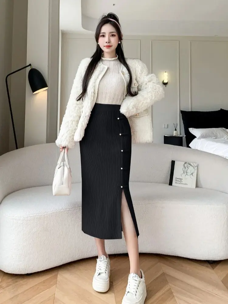 Solid Color Ribbed Knit Pencil Skirt Women Autumn Spring High Waist Elegant Slim Fit Long Skirt Streetwear