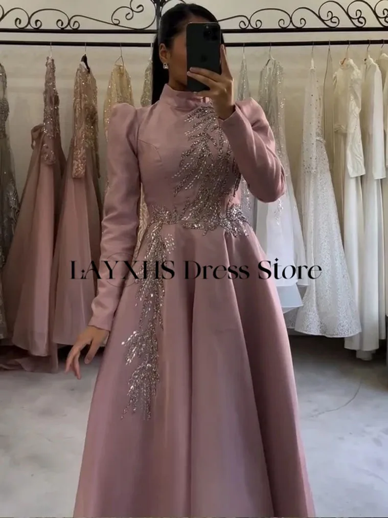 LAYXHS Luxury High Neck Evening Dresses Pink A-Line Long Sleeves Sequins Prom Dresses Customized فستان سهرة نسائي
