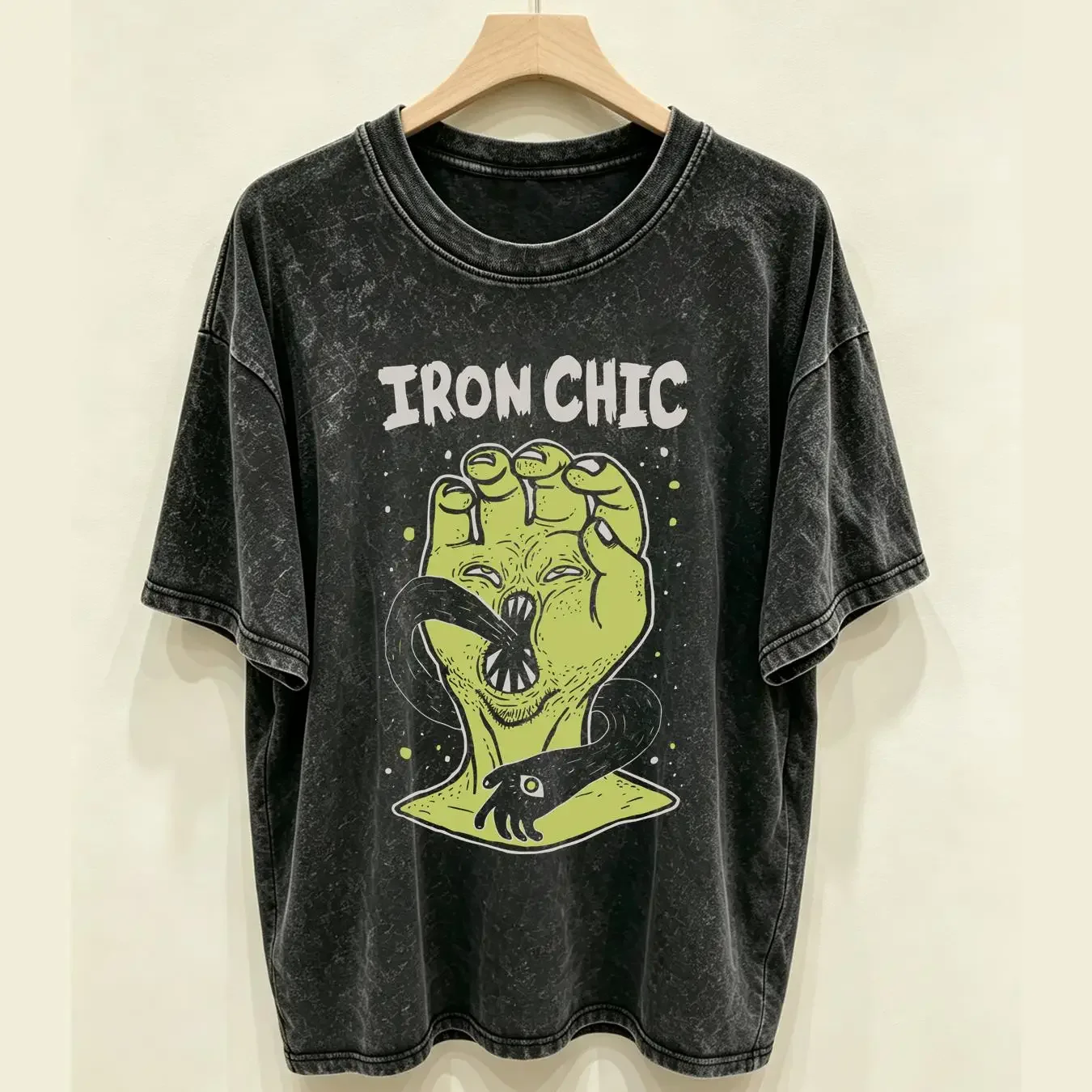 washed T Shirt Retro Hands Iron Chic Band Black S 2345XL long or short sleeves vintage Washed Slightly Soft fashion Breathable