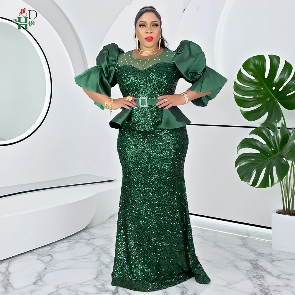

African Clothes For Women Dress Fashion Evening Party Dress Pearl Gown Casual Vestidos Sequin Elegant Puff Sleeves Bubu Outfits