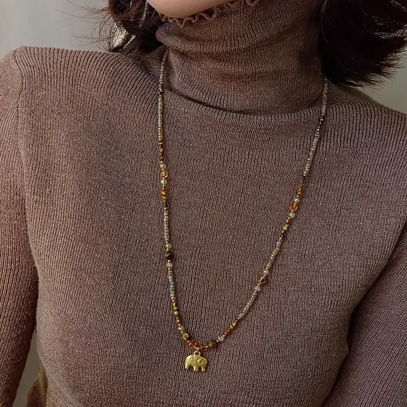 

Coffee Millet Beads, Small Elephant Beaded, Tiger's Eye Stone Necklace, Light Luxury, Niche Temperament, Long Fashion and Cold W