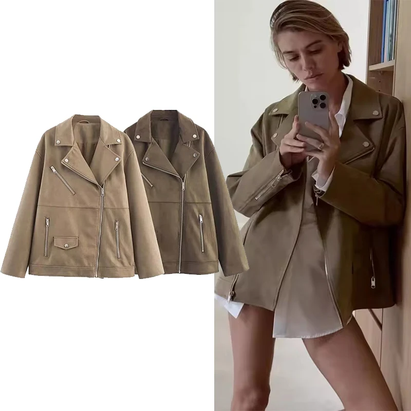 

Новинка 2023 года, женская куртка из искусственной кожи оленя, весенняя мода, пальто на молнии с длинными рукавами, женские уличные новые куртки с длинными рукавами ﻿