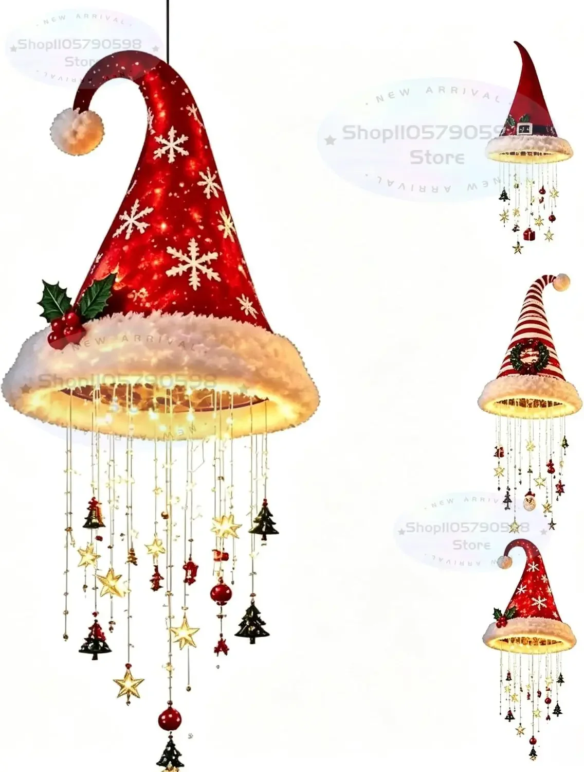 2026 Lighted Santa Hat Hanging Chandelier,3 Styles Warm LED Christmas String Light with Festive Ornaments,Holiday Lighting Decor