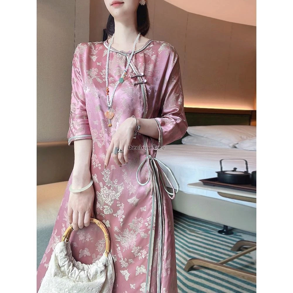 2024 new chinese improved round collar half sleeve cheongsam dress national style loose printed dress pink slit long qipao w692