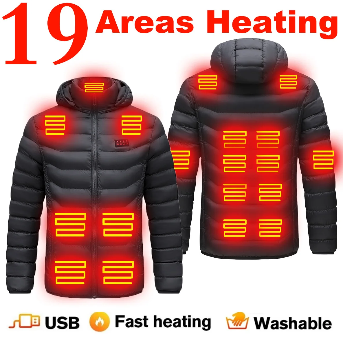 Chaqueta con calefacción de 19/11 áreas para hombre, chaquetas con calefacción eléctrica USB para exteriores, abrigo térmico cálido, chaqueta de senderismo calentable para invierno
