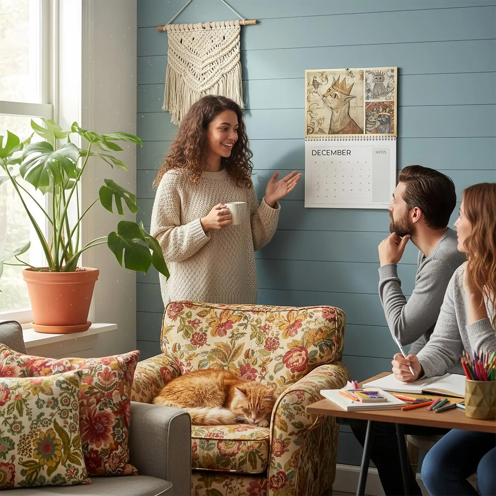 Calendario da parete 2026 Calendario gatto medievale in stile rinascimentale Calendario da 12 mesi regalo per gli amanti dei gatti