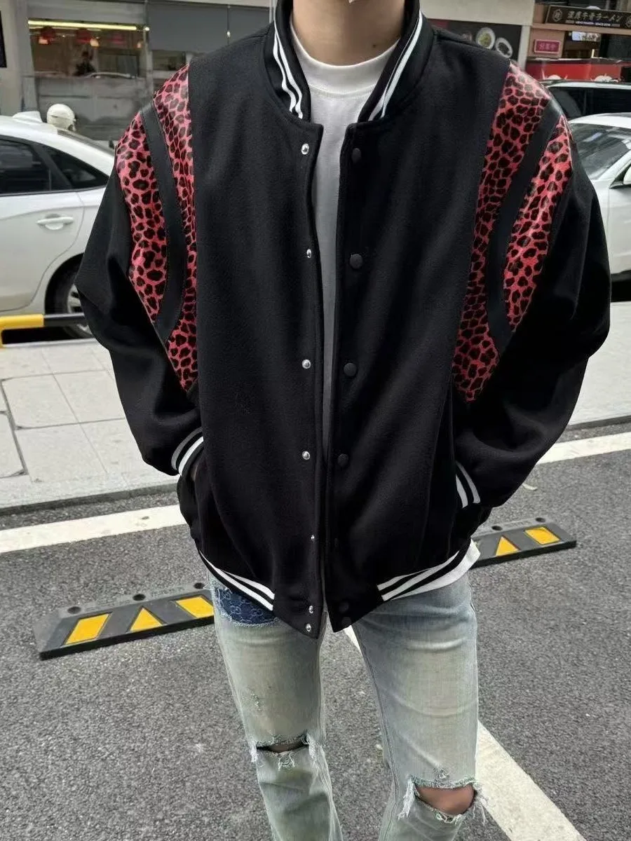 American Retro Leopard Print Patchwork Men's Baseball Jacket Spring Autumn Loose Versatile Woolen Coat Youth Fashion Outerwear