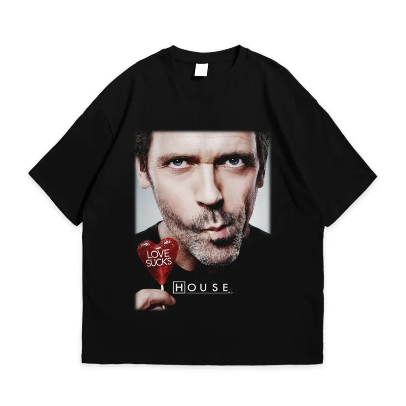 Hugh Laurie House MD Men Cotton TShirt Graphic Casual Streetwear Black