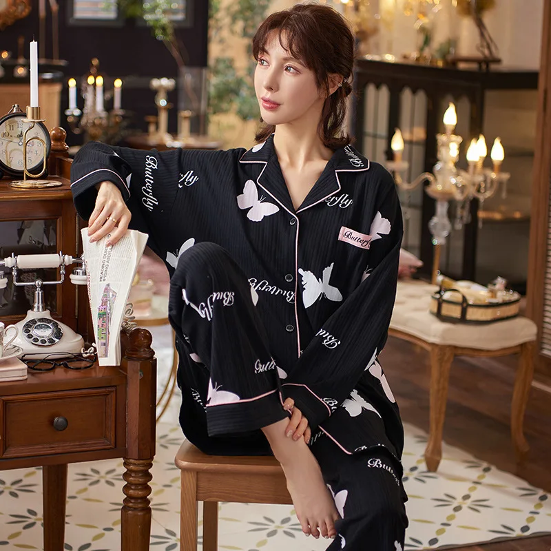 봄 Autunm 두 조각 세트 코튼 여성 만화 Homewear 긴 소매 레이디 잠옷 여성 느슨한 캐주얼 Nightwear 정장 잠옷