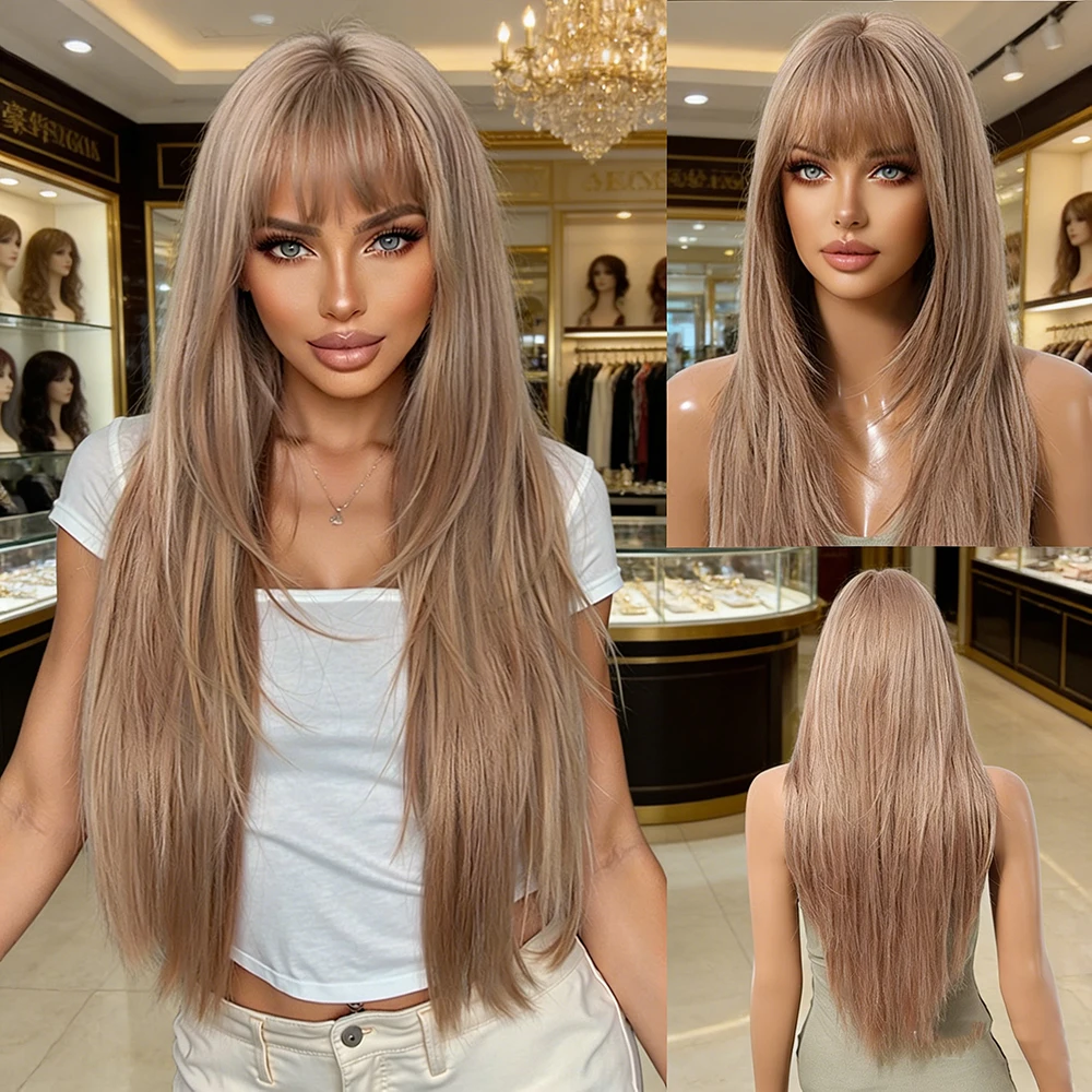 Long Straight Wig with Bangs High Temperature Fiber | Natural Black/Deep Brown/Ash Blonde/Milk Tea Brown | Silky Texture | Adjus