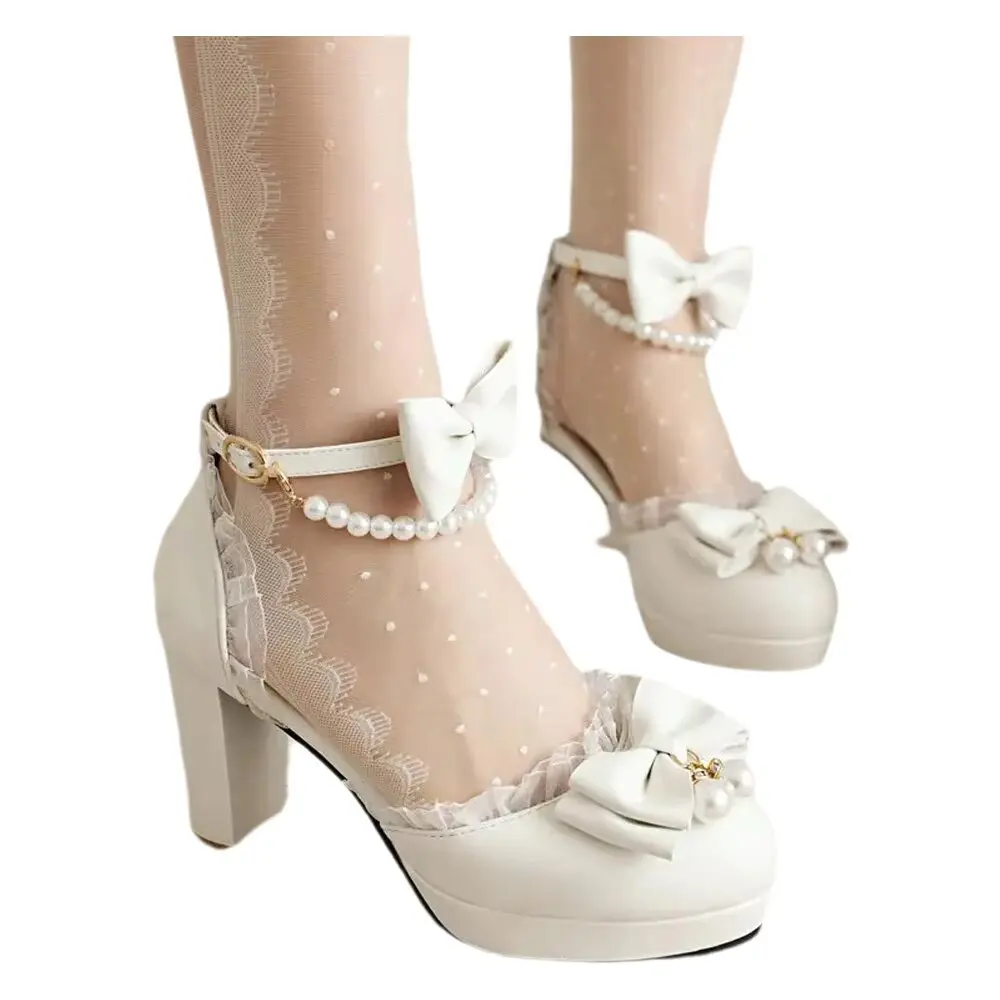 Women Sweet Ballet Style Pumps Round Toe Lace Bowknot High Heels Plus Size Cute Princess Wedding Party Dress Shoes