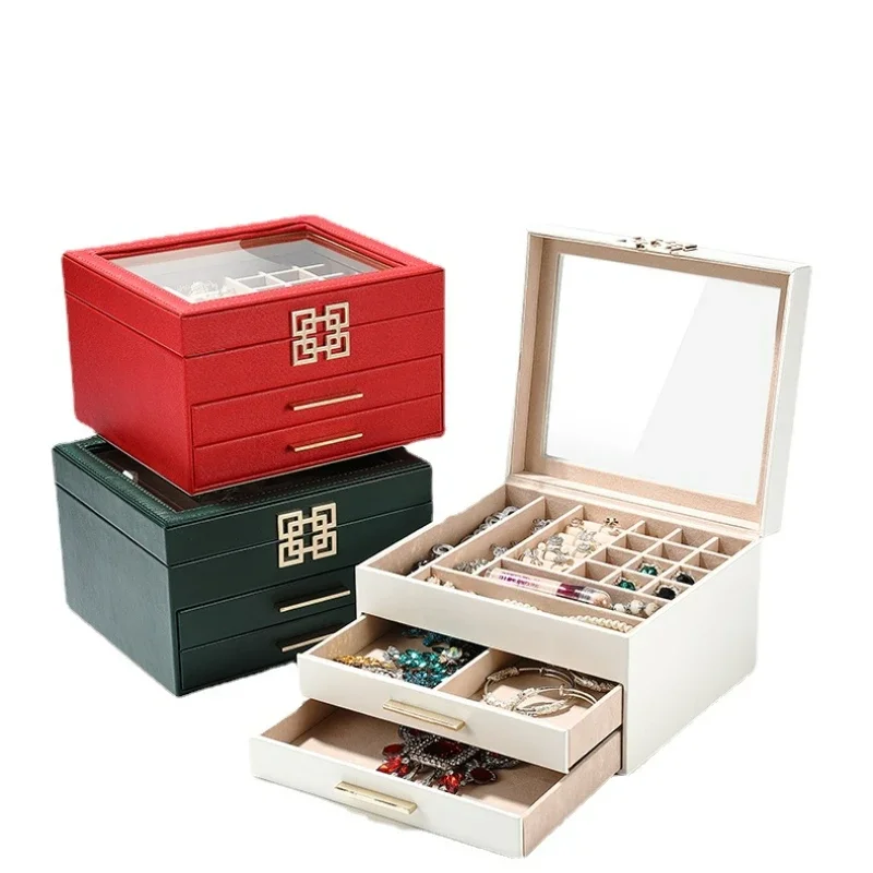 High grade leather jewelry storage box necklace ring bracelet exquisite earrings gold jewelry gift box multi-layer jewelry box