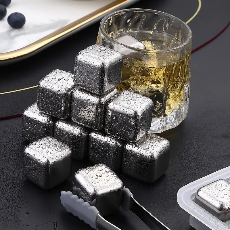 4/6/ Stainless Steel Ice Cubes Set Reusable Chilling Stones for Whiskey Wine Cooling Cube Rock Party Bar Tool