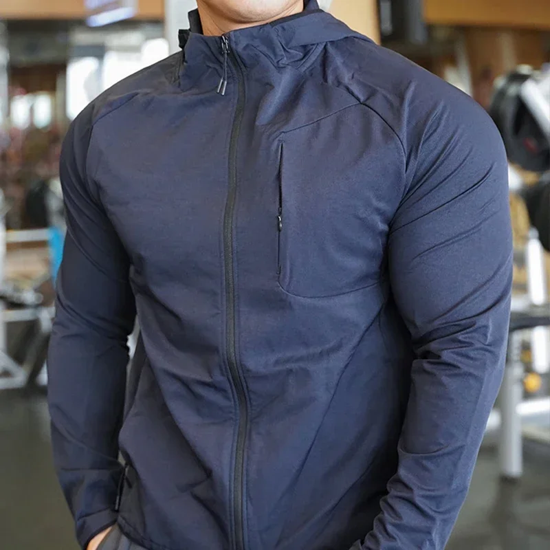 High Quality Nylon Sport Coat Mens Gym Fitness Hoodies Outdoor Workout Tops Hooded Training Running Zipped Jacket Clothes