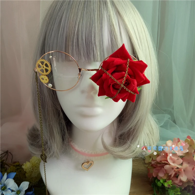 

Handmade diy Comic-Con cos supply round frame flat glasses lolita Harajuku rose retro girl eyeglasses