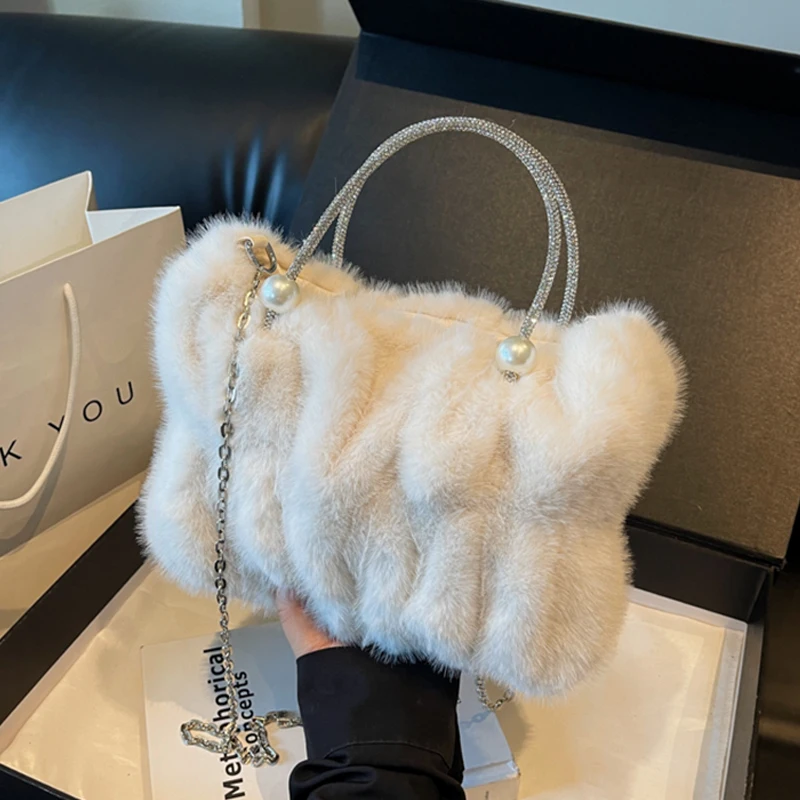 Purple Plush Pearl Handbags Women Winter Large Capacity One Shoulder Bags Casual Versatile Chain Crossbody Bags Party Pouch