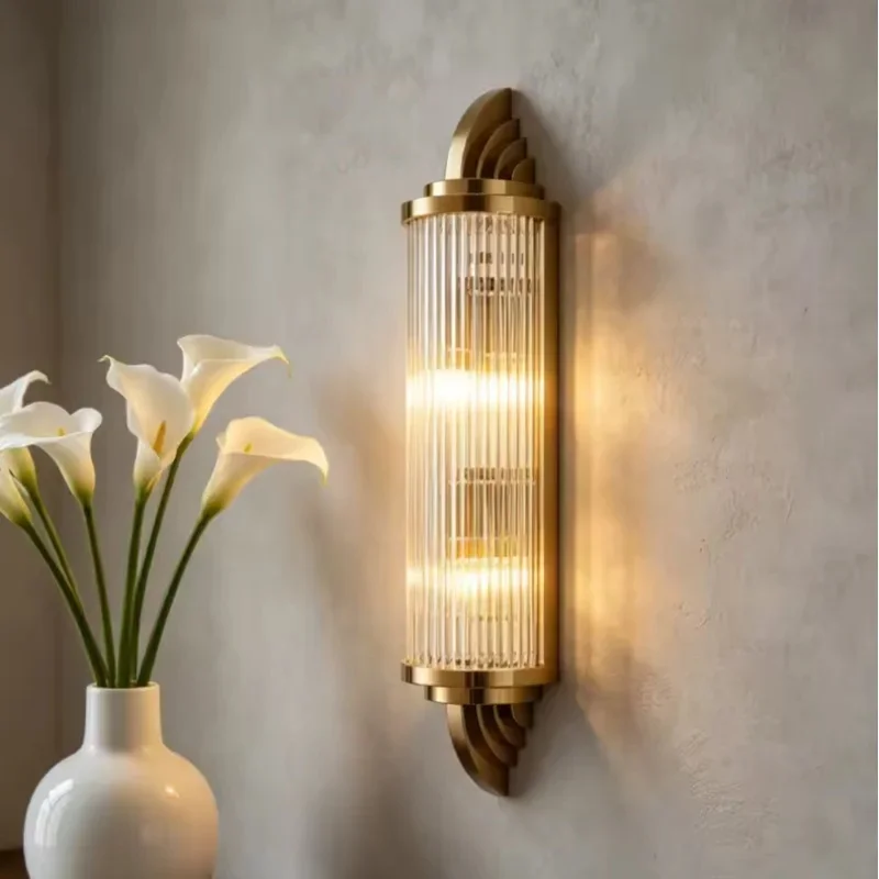 Luxury Gold Wall Lamp Ribbed Glass Wall Sconce Stainless Frame Modern Art Deco Wall Light For Bedroom Living Room Hallway