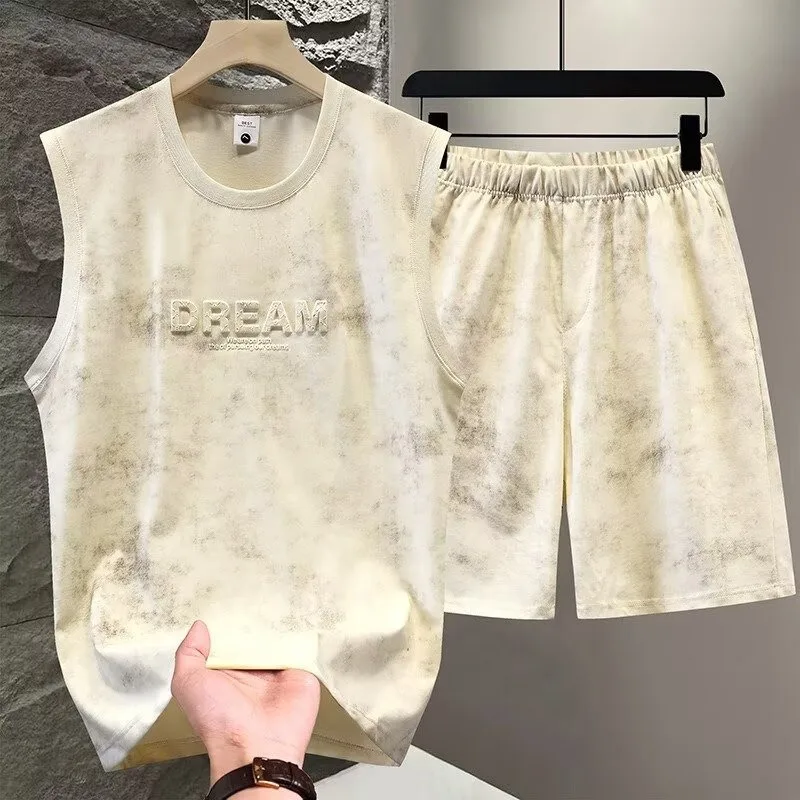 Summer 2pcs Tie Dye Vest Sets Men Two Piece Sleeveless Thin Foaming Print T-Shirts + Shorts Sets Korean Streetwear Tracksuit Man view 6