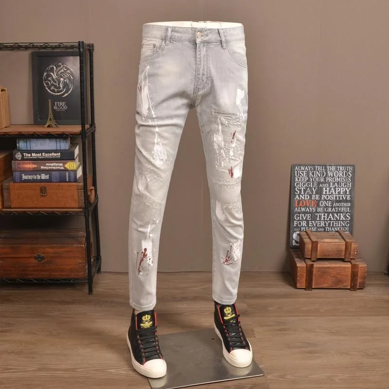 

Spring and Autumn New Trendy Printed Straight Tube Elastic Small Leg Pants for Men's Casual Sports Retro High Quality Jeans