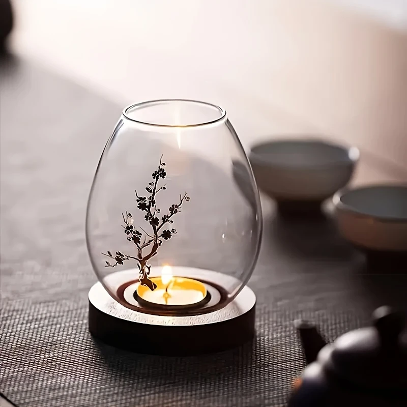A retro transparent Chinese Zen-style candle holder，Wood and glass material，Features a two-piece design，The pattern is plum blos