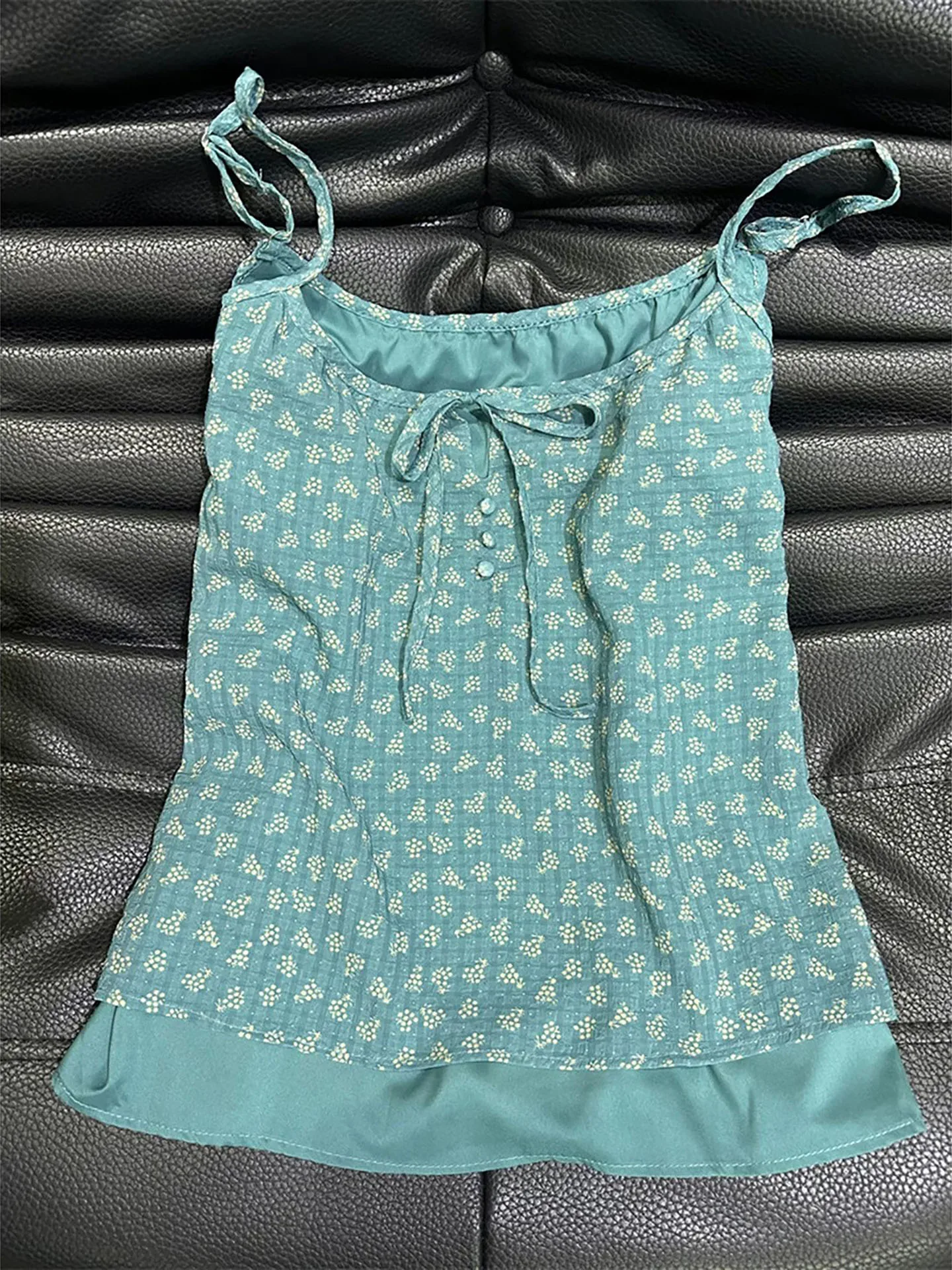 Loose Women's Blue Green Floral Print Halter Top Summer Casual Versatile Short Sleeve T-Shirt Korean Early Atmosphere Style