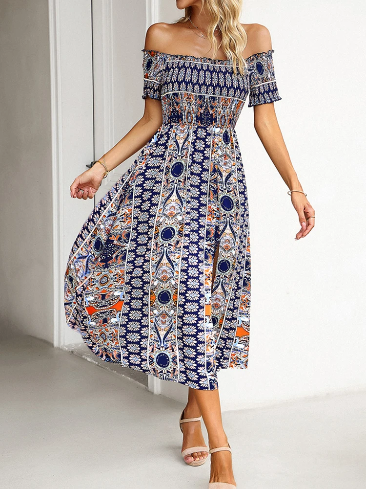 Boho Lange Jurk Vrouwen Zomer Print Korte Mouw Vakantiejurken Dames Sexy Off Shoulder Strandjurk Dames Bandage Vestidos