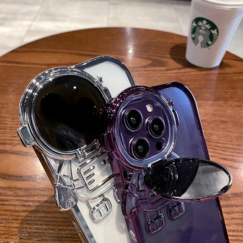Glitter Cartoon Astronaut Bracket Case For iPhone 14 13 12 Pro Max 15 Plus 11 Xr Plating Holder Transparent Gradient Stand Cover image 5