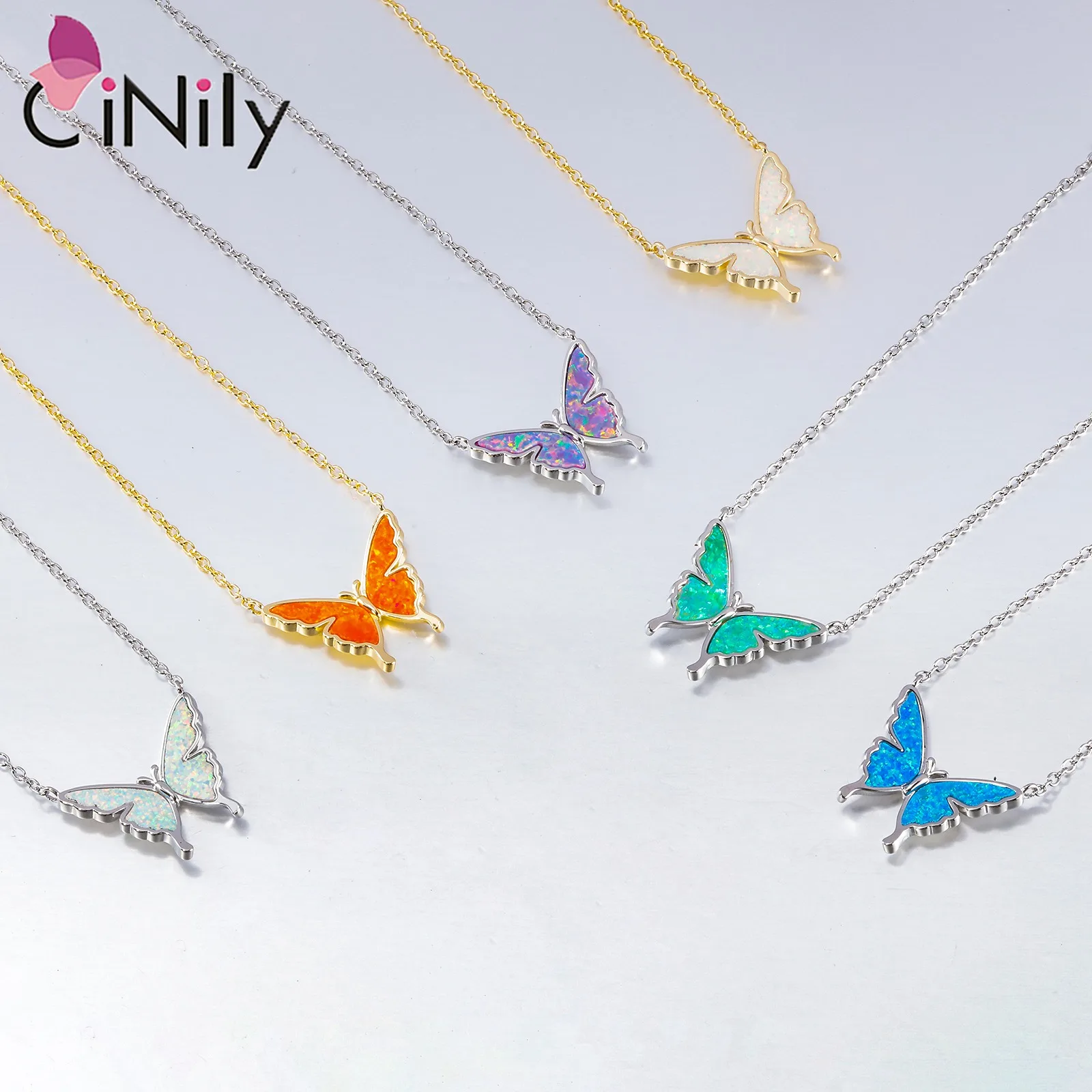 

CiNily Delicate Butterfly Shaped Chain Necklace for Women with Created Multcolor Opal Silver Plated Necklace for Birthday Gifts