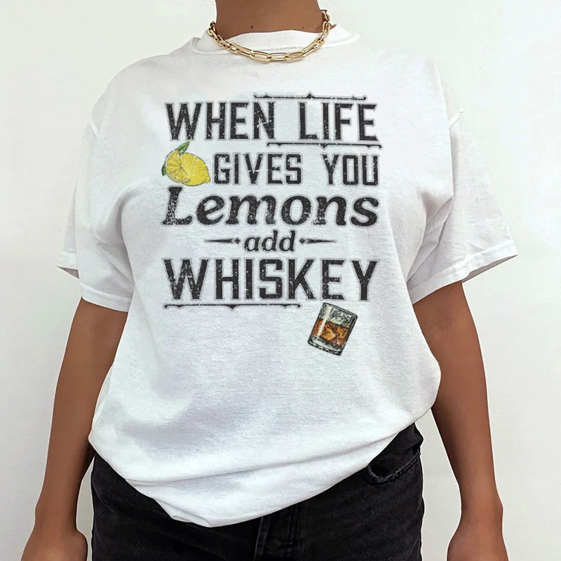 Add Whiskey Letter Print Funny Alcohol T-Shirts Women Hippie Vintage Drinking Graphic T Shirt Unisex Retro Grunge Tops Tees