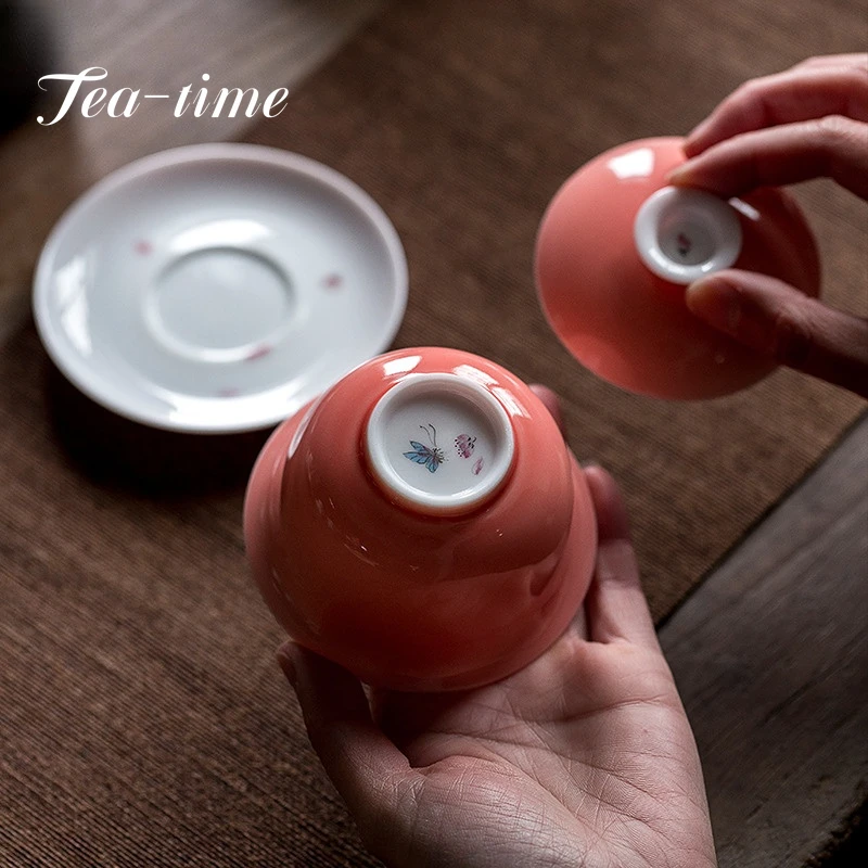 110ml Peach Red Glaze Wihte Porcelain Tea Tureen Hand-painted Butterfly Love Flower Art Hand Grab Bowl Tea Maker Gaiwan Gift Box