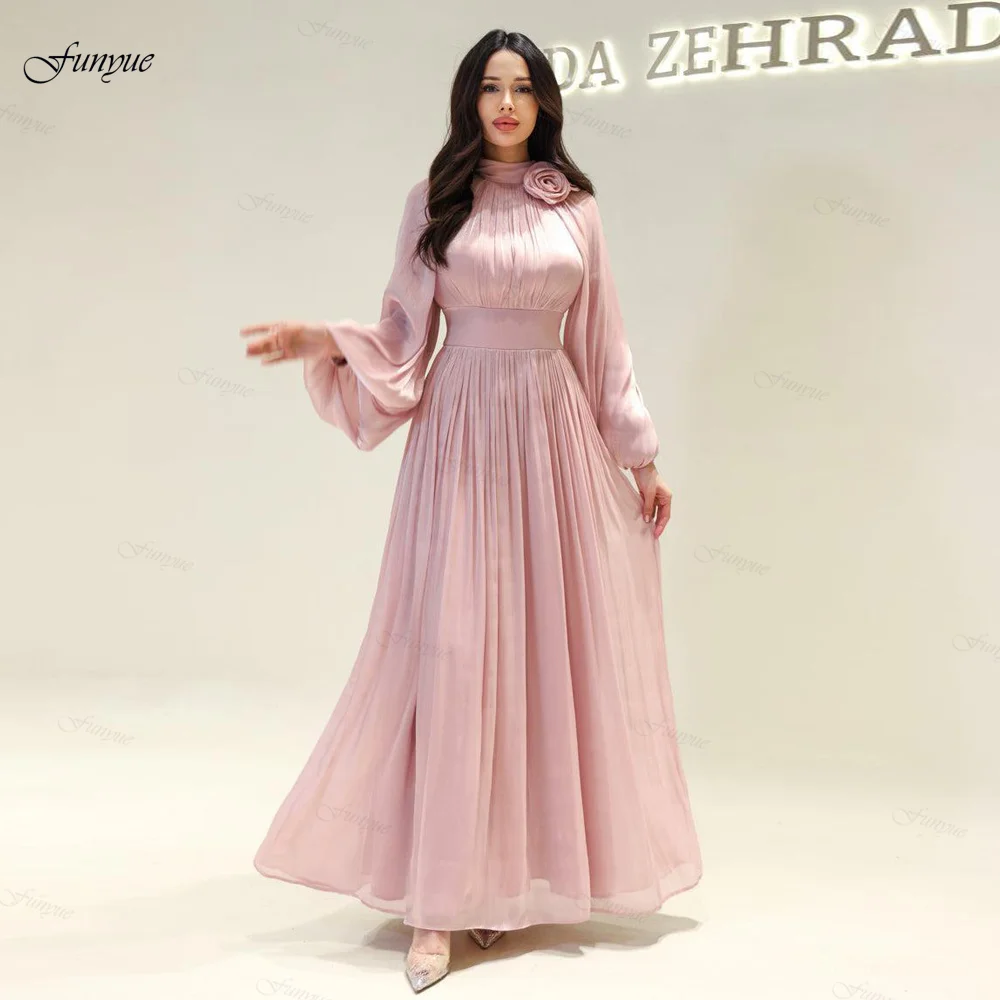 

Funyue Customized Full Sleeves A-Line Evening Party Gowns High Neck Flowers Arabic Dubai Prom Dresses 2025 Vestidos De Gala