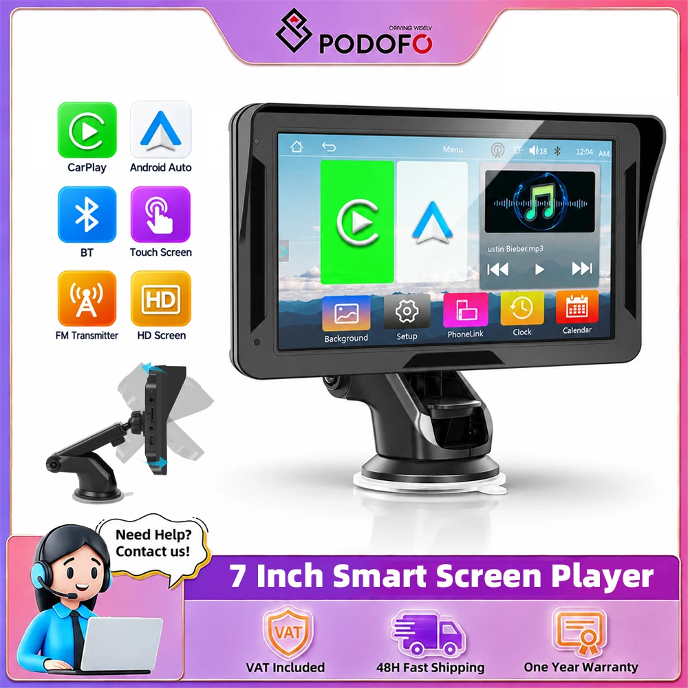 Podofo Lettore Portatile Smart da 7" con Carplay Wireless e Android Auto, Cruscotto Digitale per Auto, Radio HD, Stereo, EQ, BT, Sistemi di Guida Intelligenti