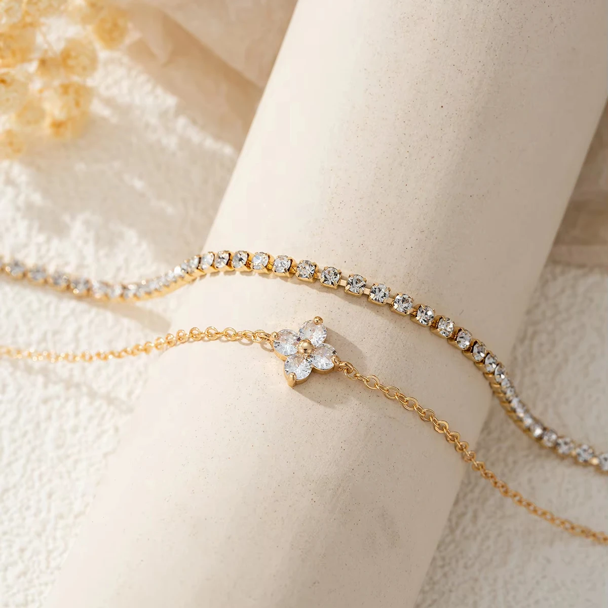 2pcs Simple Cubic Zirconia Flower Water Chain Women's Bracelet Set Daily Minimalist Silver Color Bracelet Party Fashion Jewelry image 4