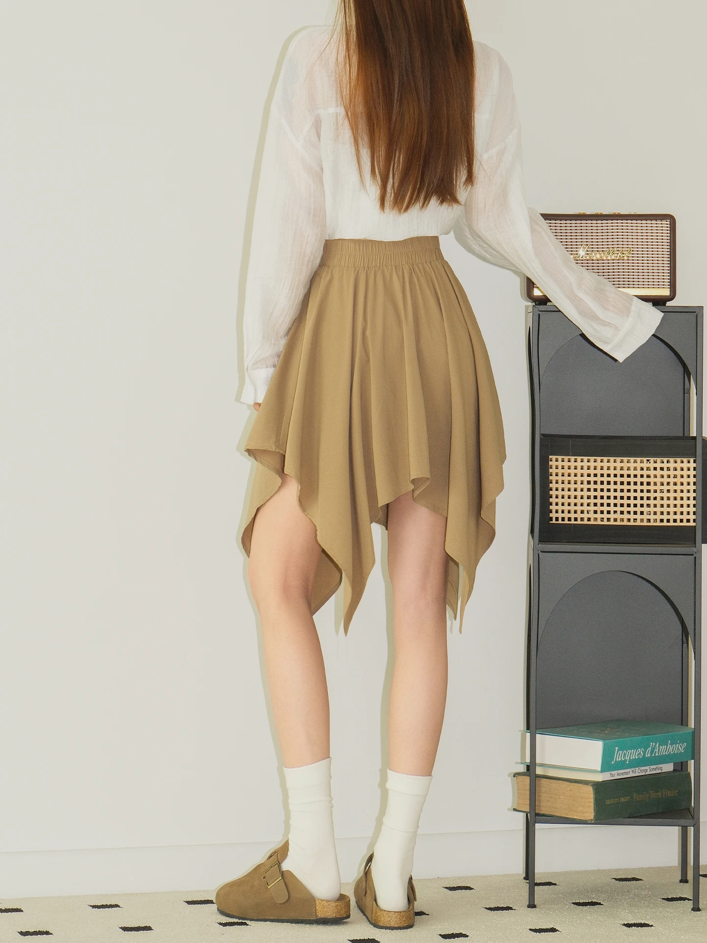 Khaki Asymmetrical A-Line  Skirt Women's High Waist Slimming Summer New Style Casual Folded High Waist Skirt