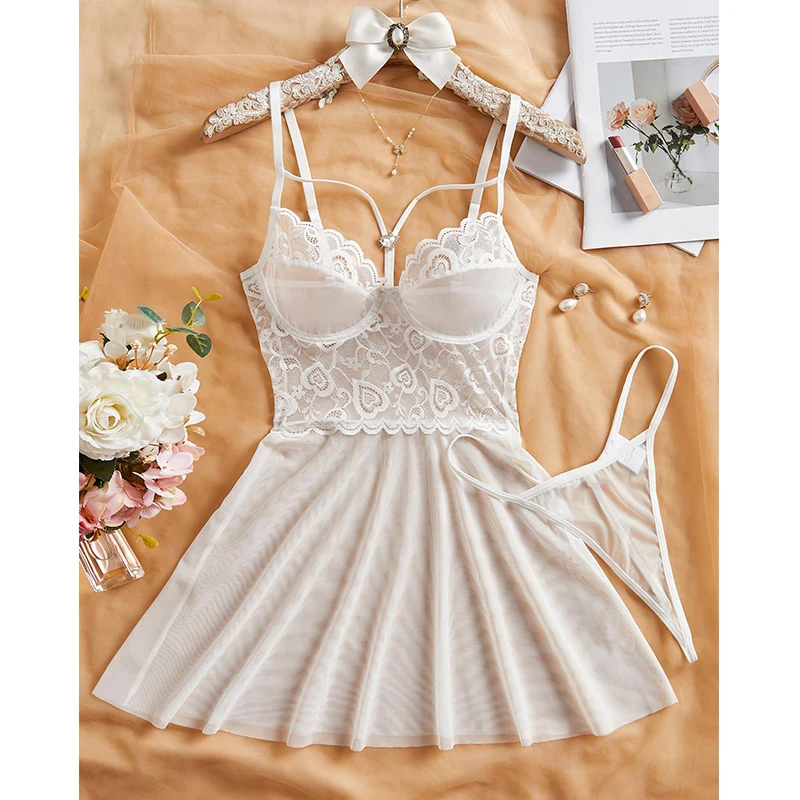 

Сексуальная пижама для женщин, белая кружевная ночная рубашка, прозрачная одежда для сна в форме сердца со стразами, сексуальное женское белье, романтическое сетчатое ночное платье